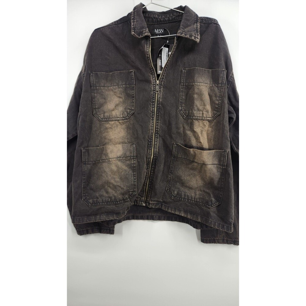 BoohooMan Men's Large Brown Oversized Boxy Washed Denim Jacket NWT